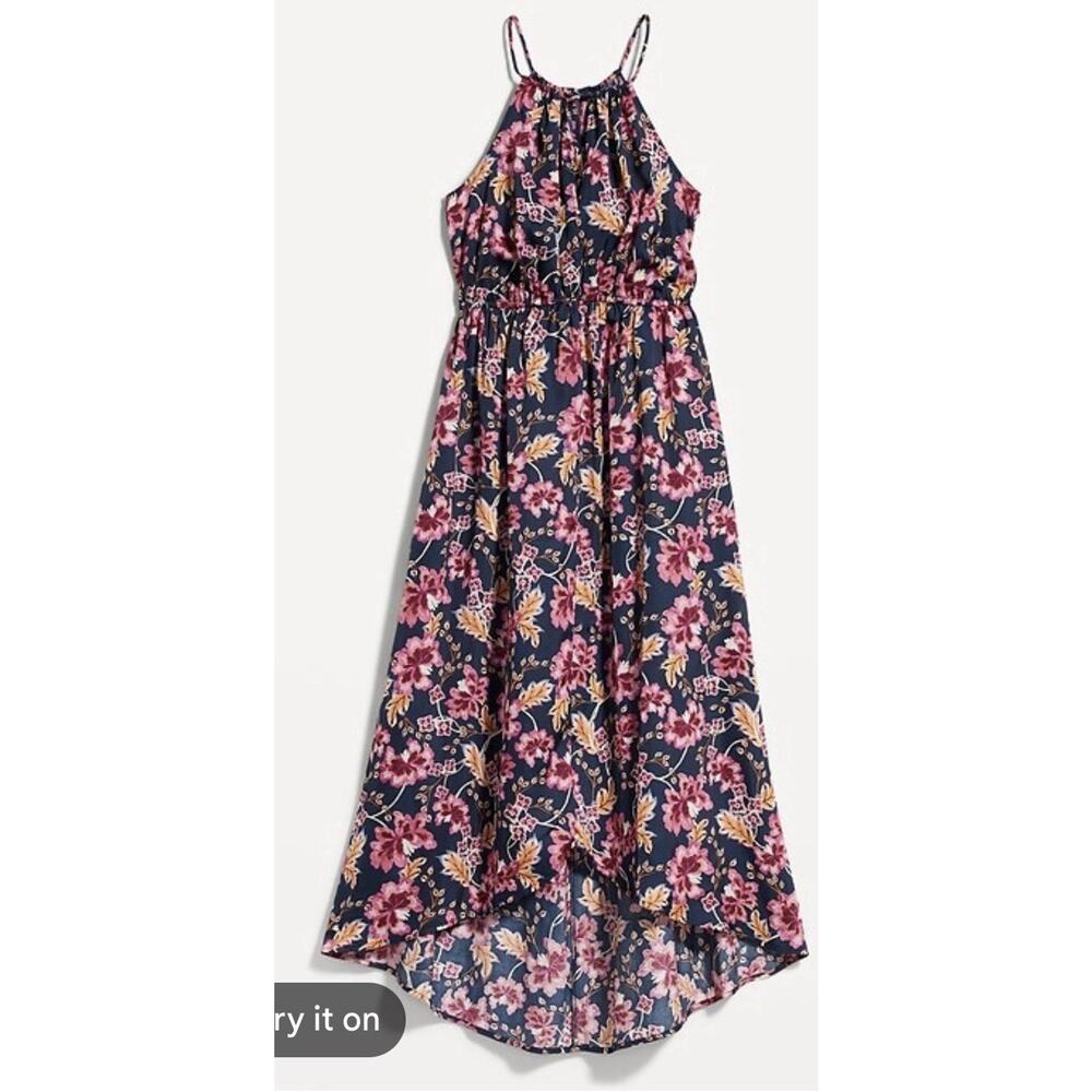 Old Navy Waist-Defined Floral Halter Satin Maxi Dress Blue Floral Women’s L T